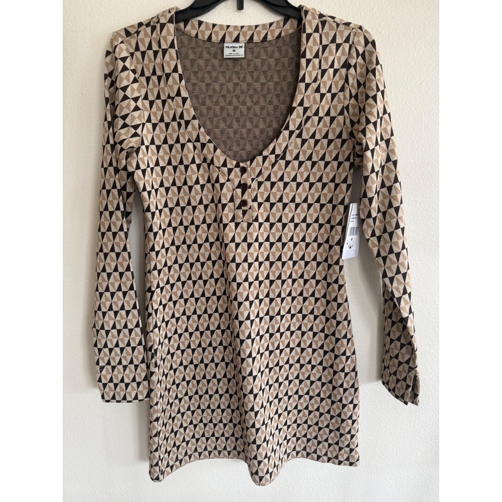 Hurley Juniors' Triangle-Print Long-Sleeve Henley Dress Mini Dress Brown Size M